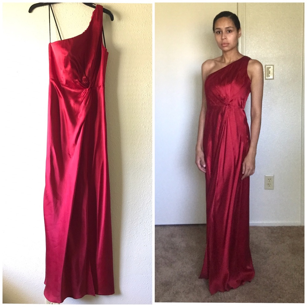 Wine Red Satin Grecian Style One Shoulder Gown